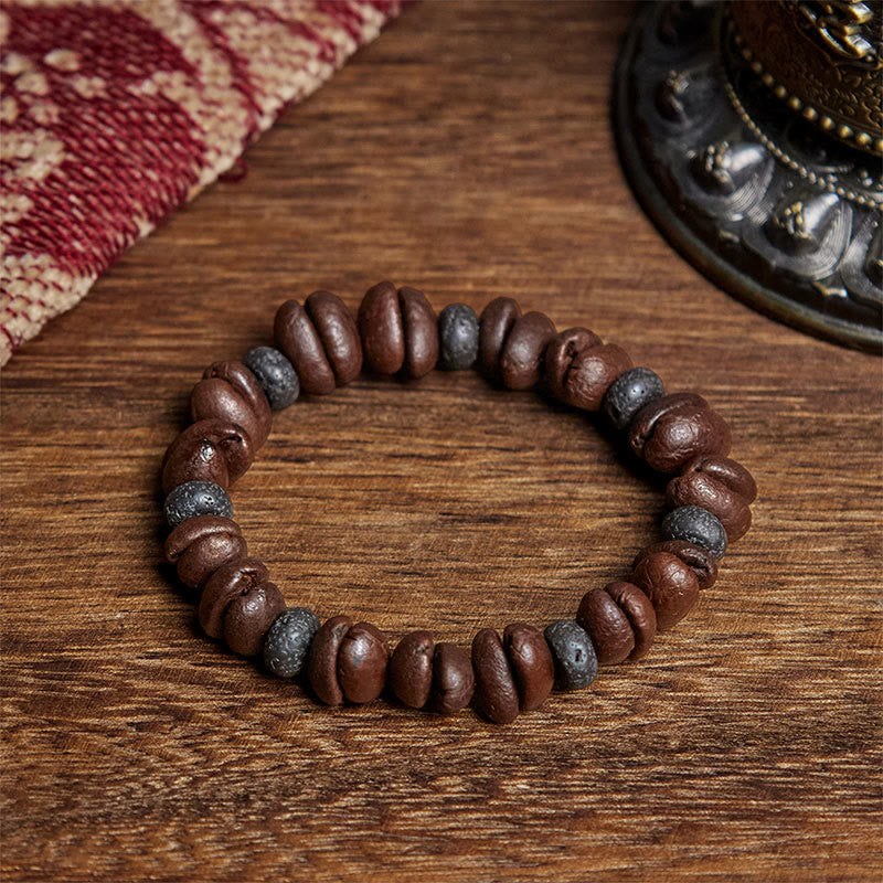 Buddhist Blessing Natural Coffee Beans Tiger Eye Grey Jasper Lava Rock Beads Bracelet