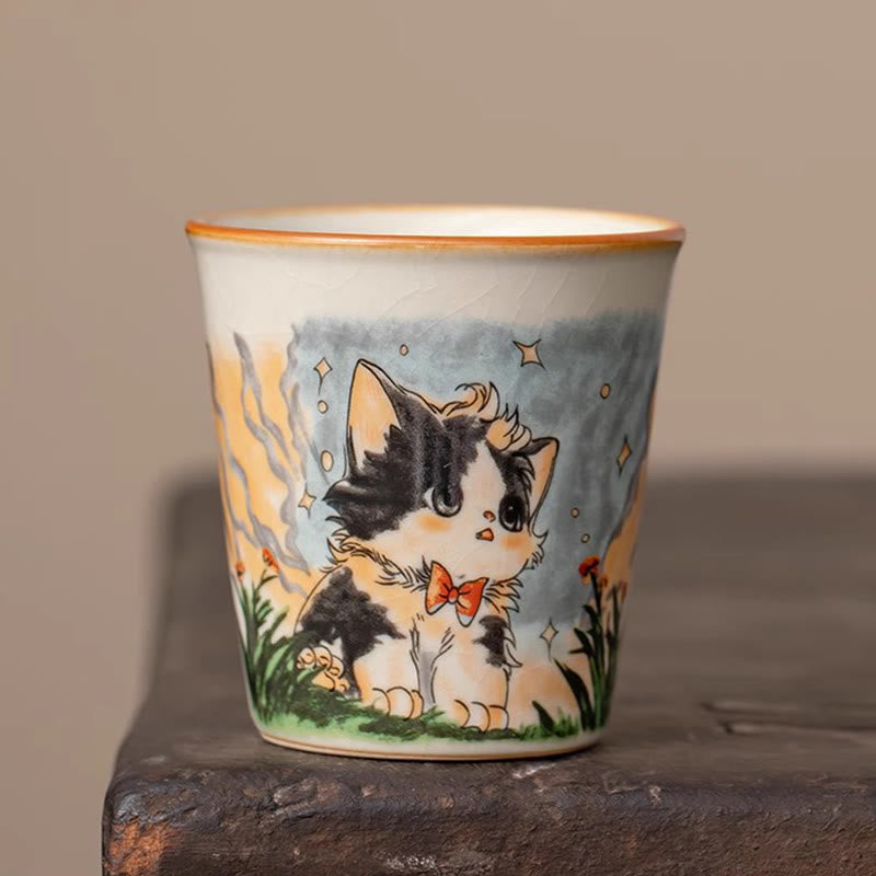Buddhist Blessing Cute Bow Tie Cat Teacup Kung Fu Tea Cup