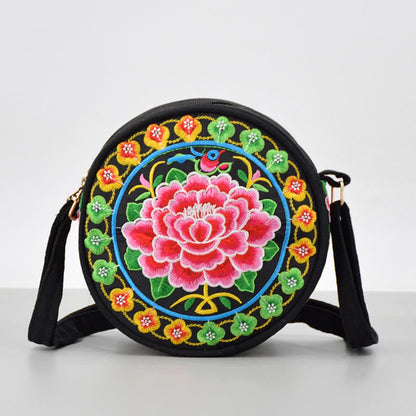 Buddhist Blessing Money Tree Galsang Inula Flower Peony Rose Peacock Double-Sided Embroidery Canvas Shopping Purse Handbag Crossbody Bag