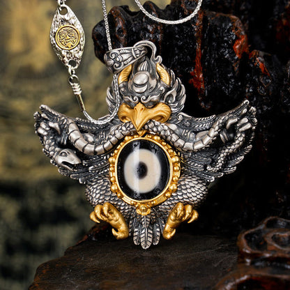 Buddhist Blessing 925 Sterling Silver Tibet Garuda Bird Dzi Bead Protection Necklace Pendant