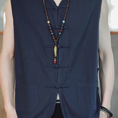 Buddhist Blessing Casual Chinese Frog-Button Men's Cotton Vest Waistcoat With Pockets