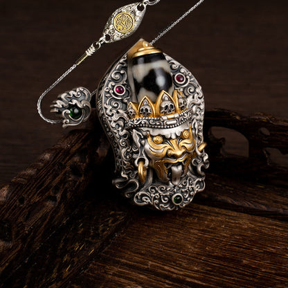 Buddhist Blessing 925 Sterling Silver Tibetan Zakiram Goddess of Wealth Dzi Bead Protection Necklace Pendant