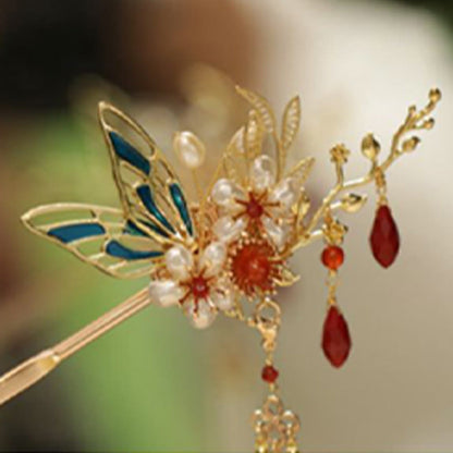 Buddhist Blessing Classical Chinese Style Flower Branche Butterfly Pearl Tassel Hair Clip Hair Comb Hair Crown
