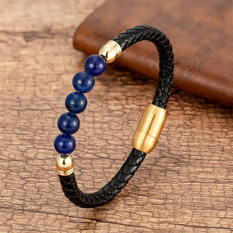 Buddhist Blessing Blue Agate Tiger Eye Lava Rock Black Onyx Lazurite Bead Protection Leather Bracelet