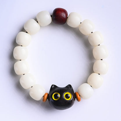 Buddhist Blessing Natural Bodhi Seed Small Leaf Red Sandalwood Ebony Wood Cute Lucky Cat Wisdom Bracelet
