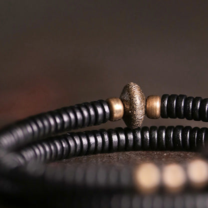 Buddhist Blessing Ebony Wood Copper Brass Peace Double Wrap Bracelet
