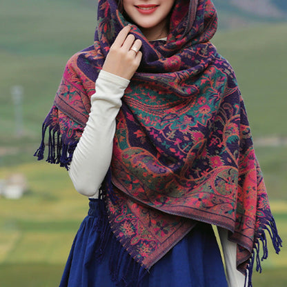 Buddhist Blessing Tibetan Cashew Flowers Vine Pattern Tassels Shawl Fall Winter Soft Scarf Wrap