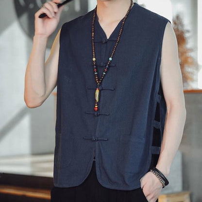 Buddhist Blessing Casual Chinese Frog-Button Men's Cotton Vest Waistcoat With Pockets