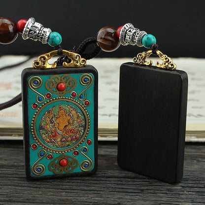 Buddhist Blessing Tibet God Of Wealth Money Tree Golden Phoenix Thangka Ebony Peace Necklace Pendant