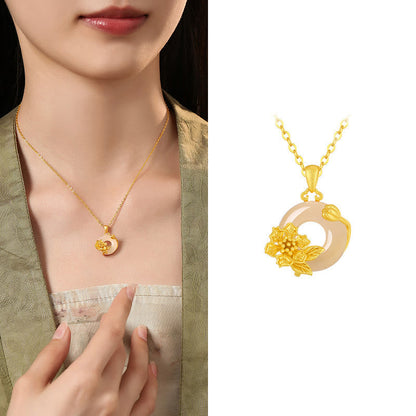 Buddhist Blessing Chalcedony 925 Sterling Silver Peace Buckle Flowers Necklace Pendant