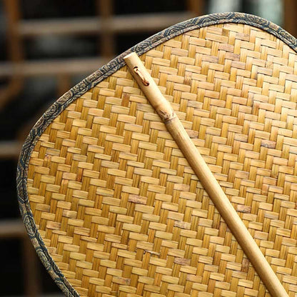 Buddhist Blessing Summer Retro Chinese Style Handmade Bamboo Woven Round Banana Shape Long Handle Fan