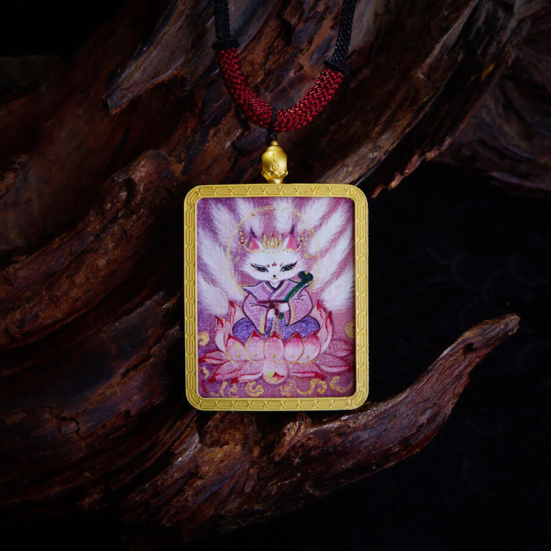 Buddhist Blessing Tibetan Zakiram Nine Tailed Fox Yellow God of Wealth Painted Thangka Hope Necklace Pendant