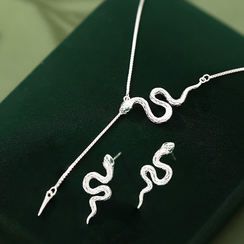 Buddhist Blessing 925 Sterling Silver Year of the Snake Balance Necklace Pendant Earrings Set