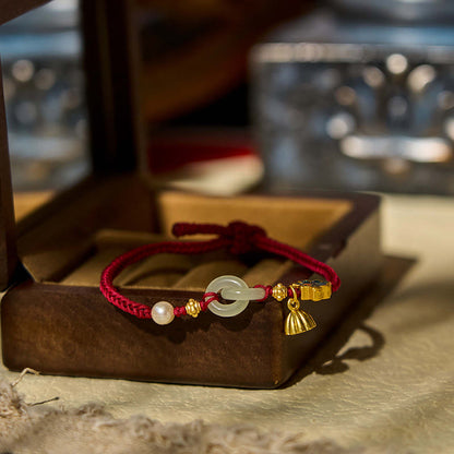 Buddhist Blessing Hetian Jade Lotus Peace Buckle Braided Rope Fortune Bracelet