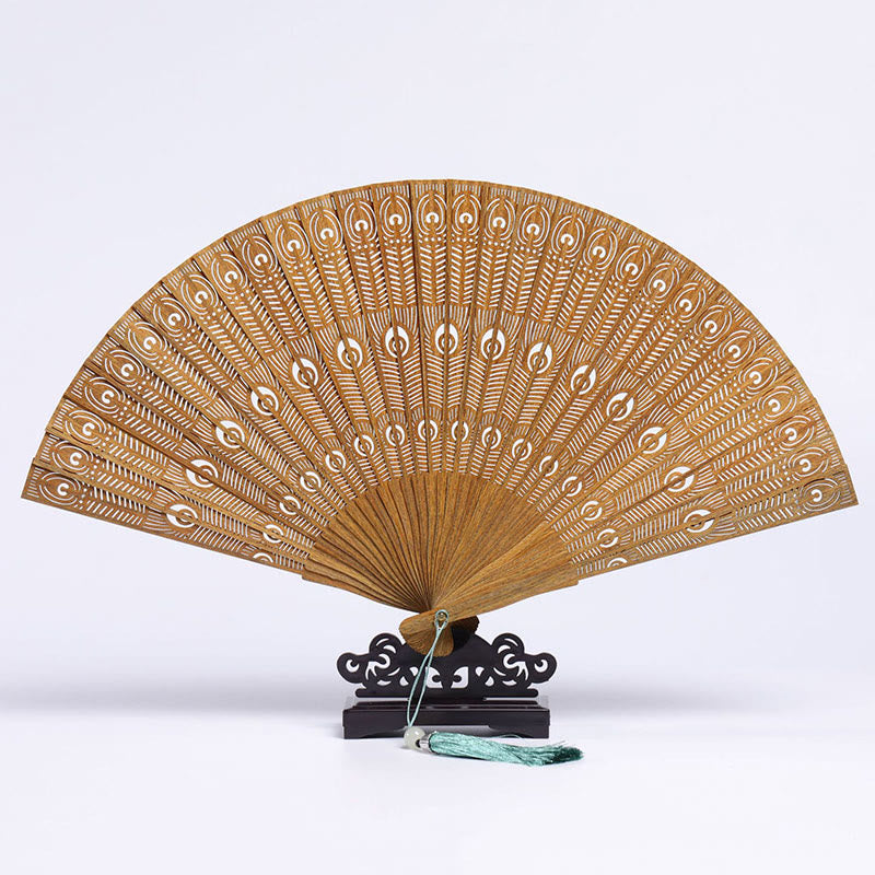 Buddhist Blessing Auspicious Clouds Crane Peacock Chang'e Moon Engraved Pattern Handheld Green Sandalwood Folding Fan