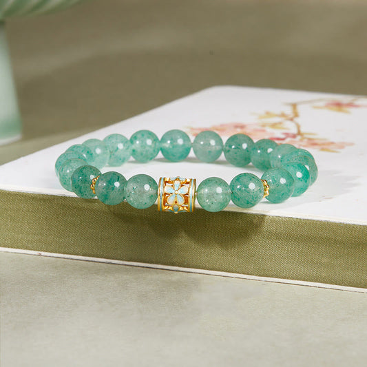 Buddhist Blessing 925 Sterling Silver Green Strawberry Quartz Flower Calm Bracelet