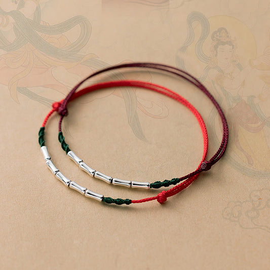Buddhist Blessing 925 Sterling Silver Bamboo Design Luck Braided Ultra-Thin Rope Bracelet