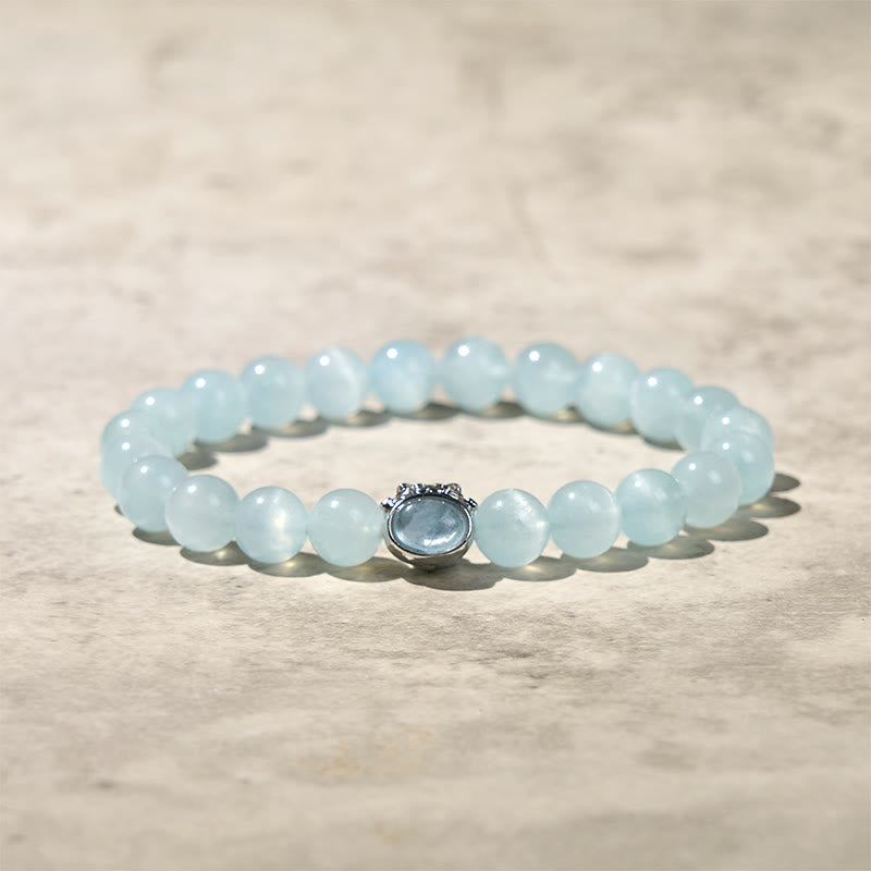 Buddhist Blessing Natural Aquamarine Lucky Cat Peace Bracelet