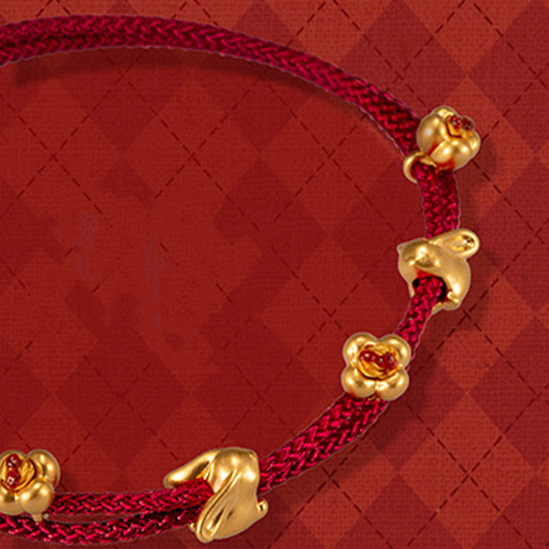 Buddhist Blessing 999 Gold Small Lucky Rabbit Osmanthus Design Handmade Luck Braided Rope Bracelet