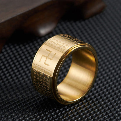 Buddhist Blessing Heart Sutra Swastika Titanium Steel Luck Rotatable Ring