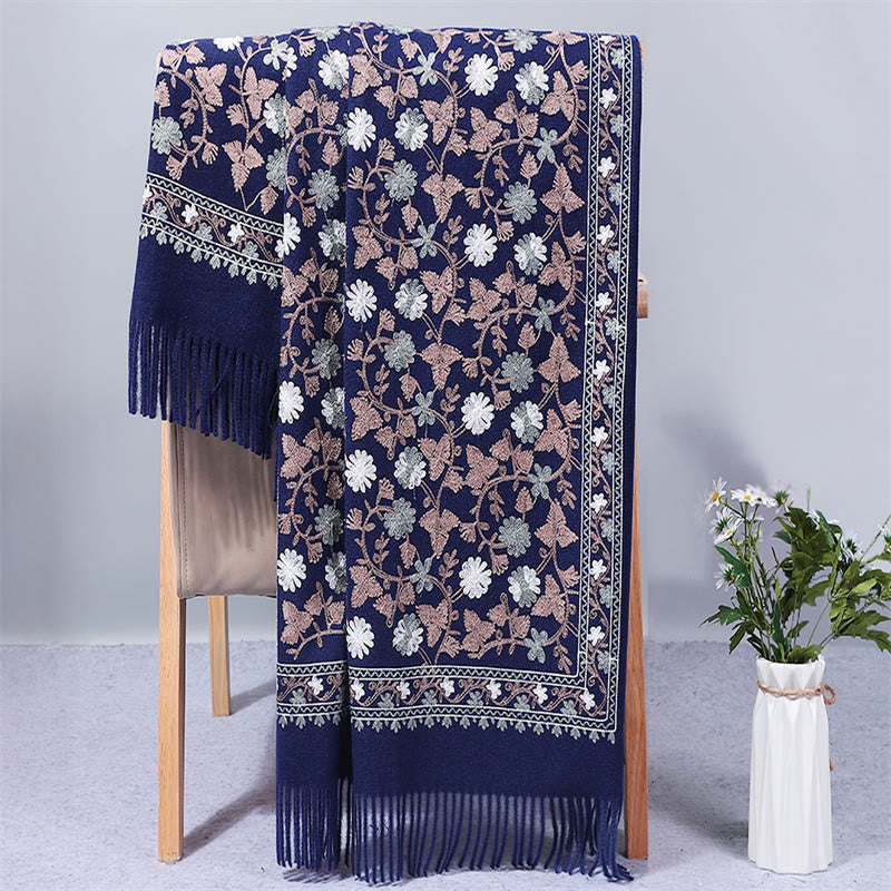 Buddhist Blessing Polyester Shawl Cashew Flowers Embroidery Tassel Winter Cozy Travel Scarf Wrap