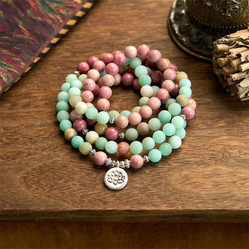 Buddhist Blessing 108 Mala Beads Rhodonite Amazonite Lotus Healing Bracelet