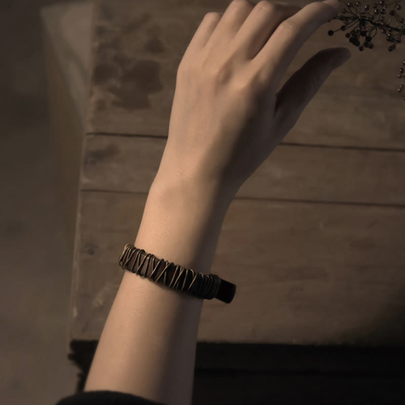 Buddhist Blessing Vintage Leather Copper Brass Wire Wrap Balance Bracelet