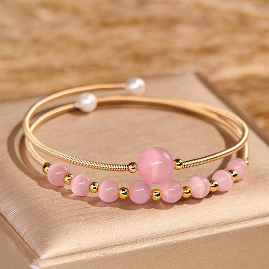 Buddhist Blessing 14K Gold Filled Copper Pink Cat Eye Support Metal Cuff Bracelet Bangle
