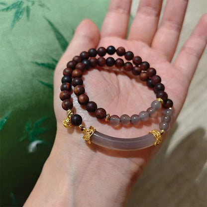 Buddhist Blessing Sandalwood Gray Agate Chalcedony Cuff Half Bracelet Bangle