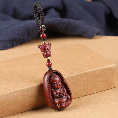 Buddhist Blessing Small Leaf Red Sandalwood Buddha Cinnabar Chinese Zodiac Amulet Protection Key Chain