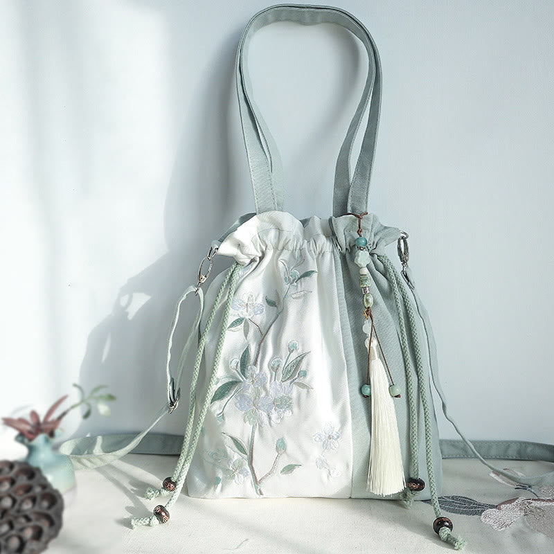 Buddhist Blessing Embroidered Green Pear Blue Epiphyllum Canvas Tote Crossbody Bag Shoulder Bag Handbag