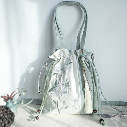 Buddhist Blessing Embroidered Green Pear Blue Epiphyllum Canvas Tote Crossbody Bag Shoulder Bag Handbag