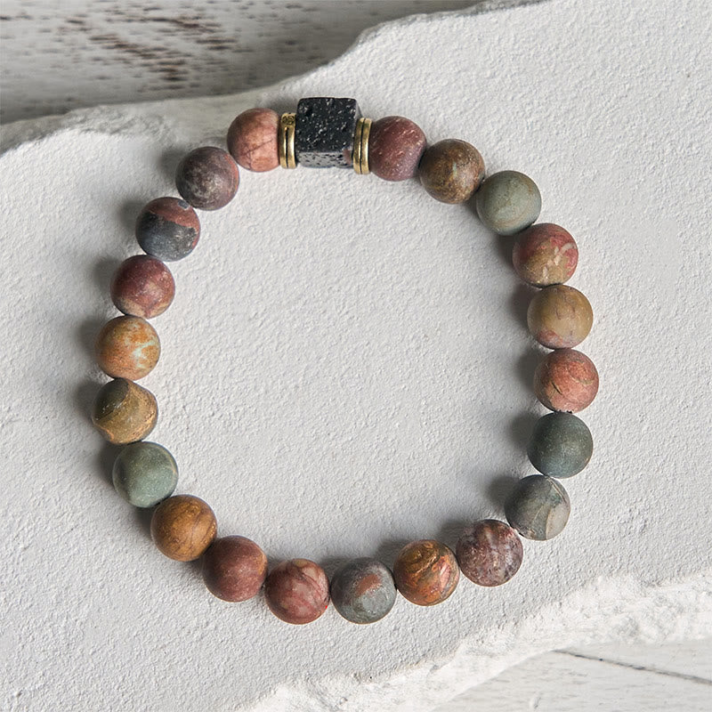Buddhist Blessing Natural Picasso Jasper Square Lava Rock Courage Bracelet