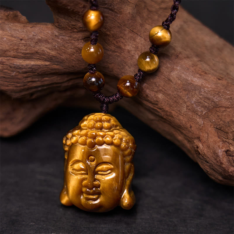 Buddhist Blessing Tiger Eye String Buddhist Blessing Head Courage Necklace Pendant