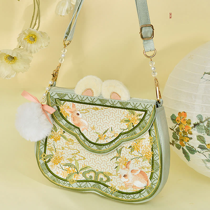 Buddhist Blessing Osmanthus Rabbit Embroidery Pearl Chain Furball Tassel Shoulder Bag Crossbody Bag