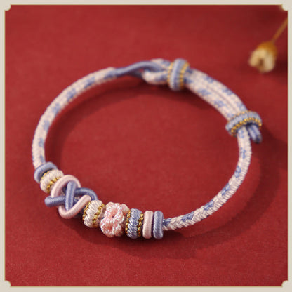 Buddhist Blessing Handcrafted Peach Blossom Peace Knot Colorful Rope Adjustable Bracelet