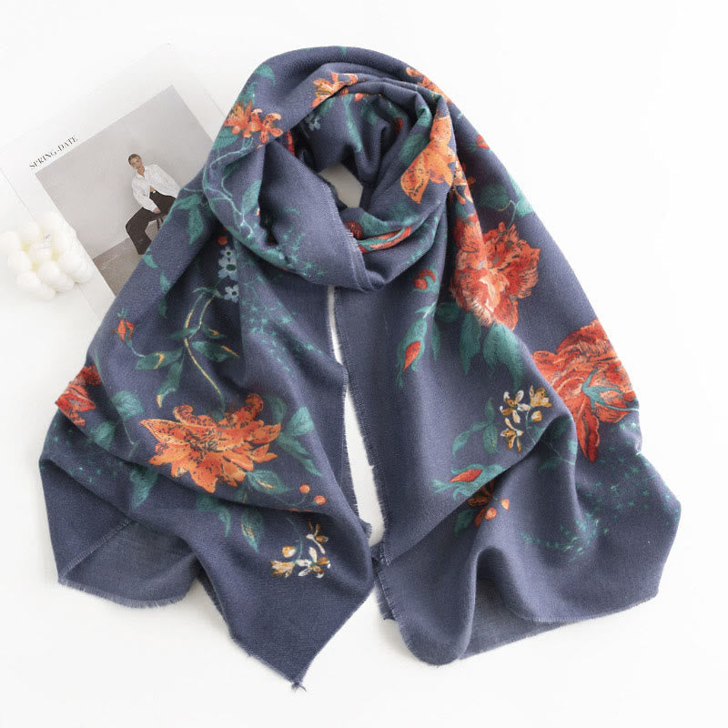 Buddhist Blessing Tibetan Multiflora Rose Print Pattern Design Shawl Fall Winter Cozy Warm Scarf Wrap