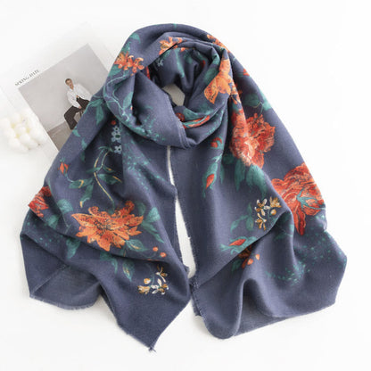 Buddhist Blessing Tibetan Multiflora Rose Print Pattern Design Shawl Fall Winter Cozy Warm Scarf Wrap
