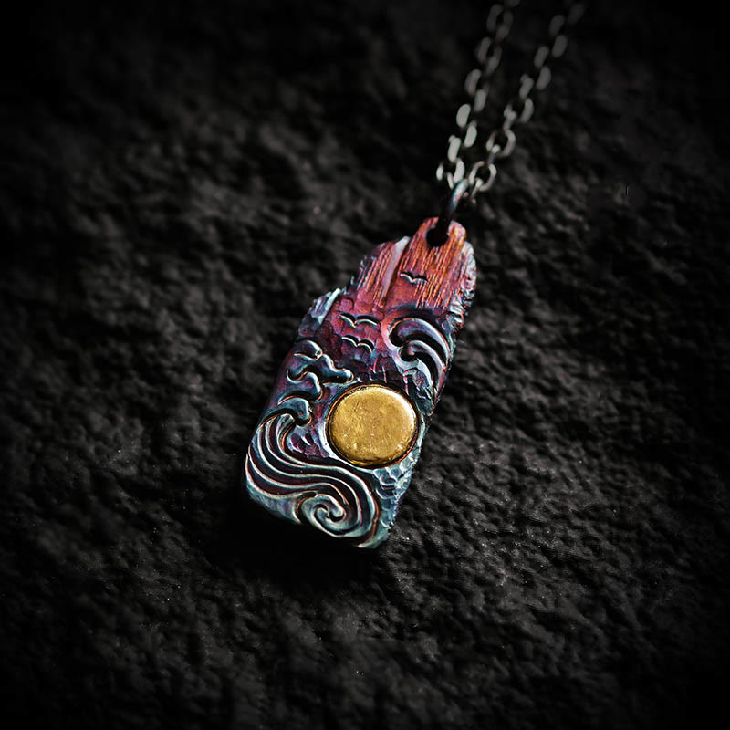 Buddhist Blessing 999 Sterling Silver 24k Gold Waves Sun Balance Necklace Pendant