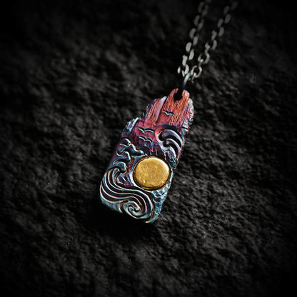 Buddhist Blessing 999 Sterling Silver 24k Gold Waves Sun Balance Necklace Pendant