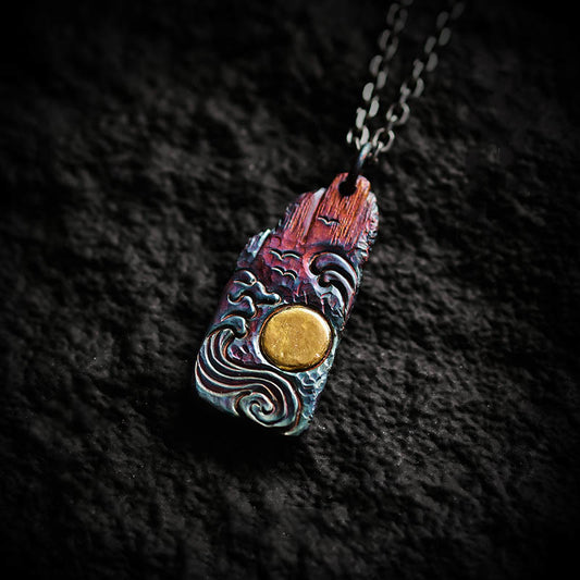 Buddhist Blessing 999 Sterling Silver 24k Gold Waves Sun Balance Necklace Pendant