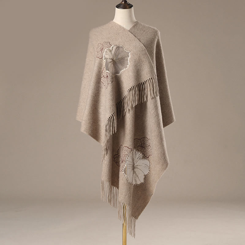 Buddhist Blessing Wool Shawl Lotus Leaf Embroidery Tassel Winter Cozy Travel Scarf Wrap