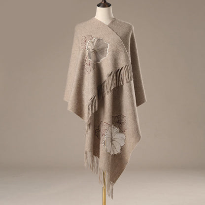 Buddhist Blessing Wool Shawl Lotus Leaf Embroidery Tassel Winter Cozy Travel Scarf Wrap