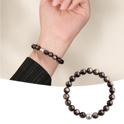 Buddhist Blessing Natural Silver Sheen Obsidian Om Mani Padme Hum Protection Bracelet