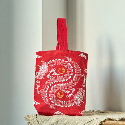 Buddhist Blessing Chinese Dragon Persimmon Canvas Handbag