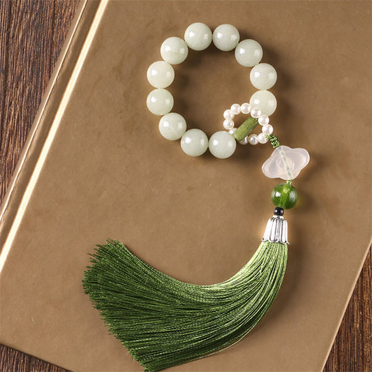 Buddhist Blessing Green Jade Beads Pearl Prosperity Tassels Wrist Mala