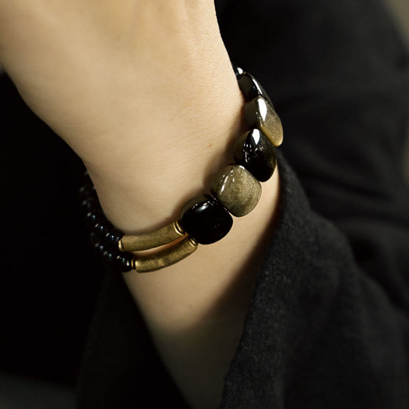 Buddhist Blessing Black Obsidian Gold Sheen Obsidian Strengthen Bracelet
