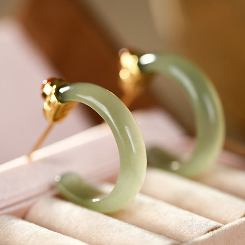 Buddhist Blessing 925 Sterling Silver Hetian Jade Prosperity Curved Earrings