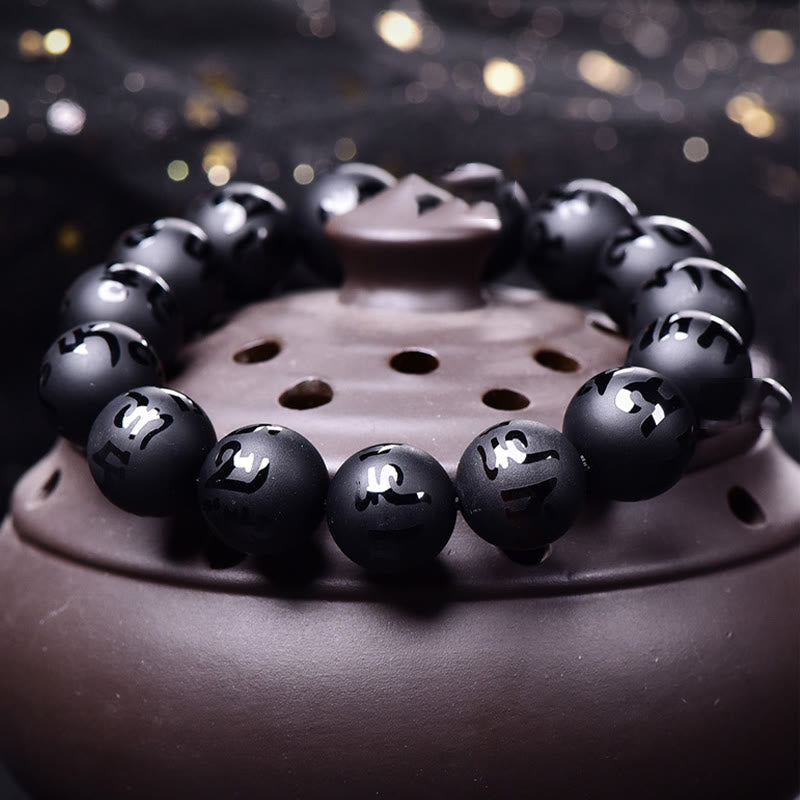Buddhist Blessing Natural Black Onyx Om Mani Padme Hum Carved Protection Bracelet