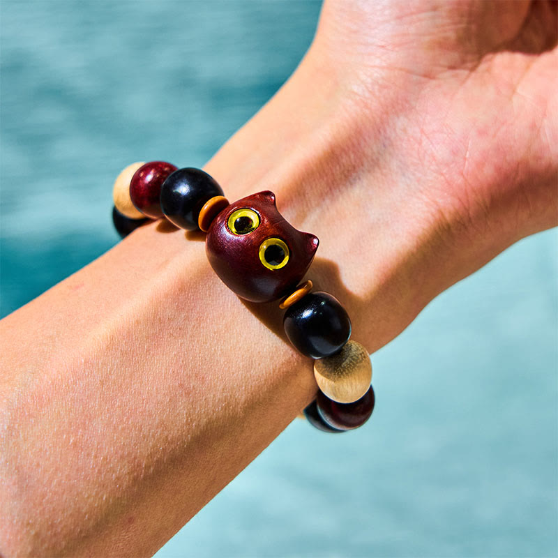 Buddhist Blessing Small Leaf Red Sandalwood Ebony Wood Cute Cat Engraved Protection Bracelet